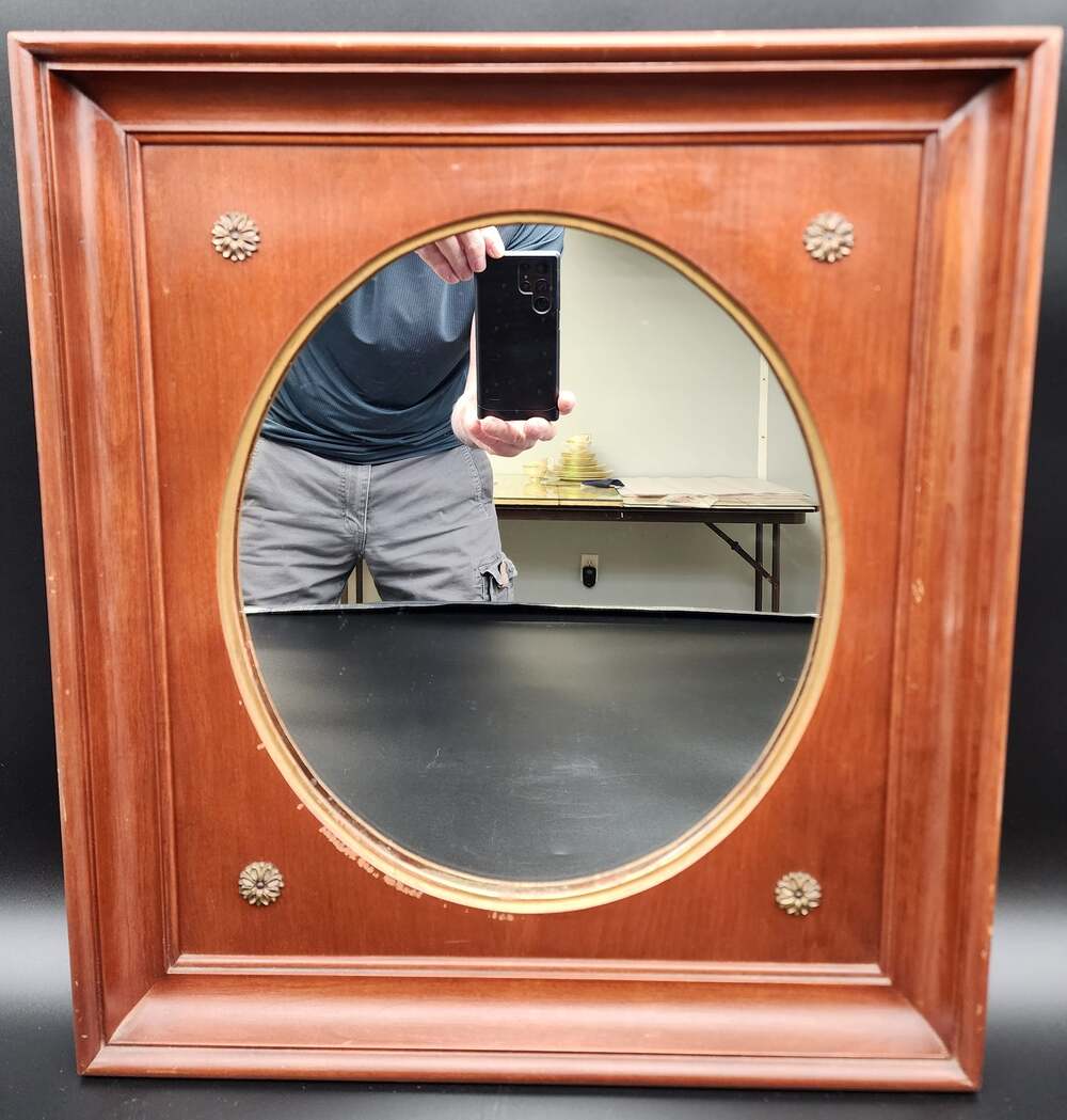 Vintage Willett Wildwood Cherry Hardwood Framed Oval Mirror Brass Accents 17x19